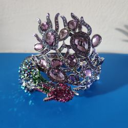 Large Bold Lavender Couture Multicolor Rhinestone Peacock Bird Cuff Bracelet