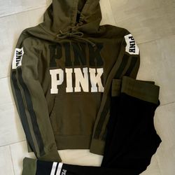 Victoria Secret PINK Matching Leggings Set/ Army Green Hoodie & Leggings Set- Hoodie Size Large & Leggings, Size Medium