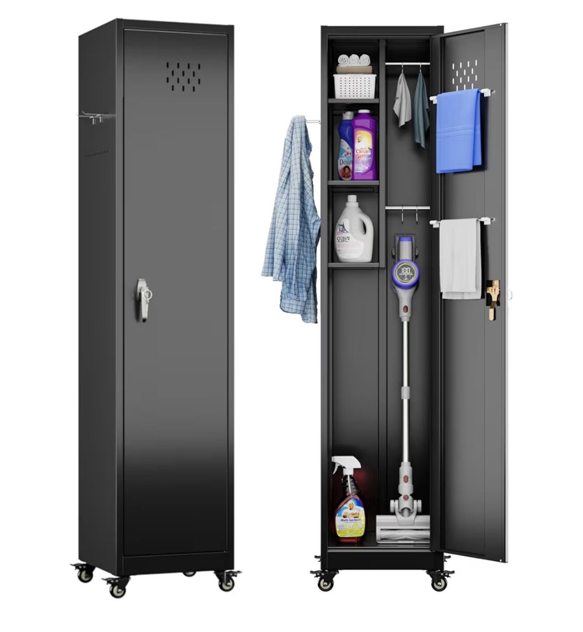 Aobabo Broom Closet Storage Cabinet, 72" H Garage Storage Cabinet with Wheels, Lockable Door and Hook