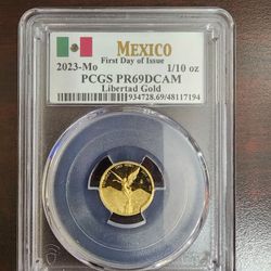 2023-Mo First Day Of Issue 1/10oz Gold PCGS PR69DCAM libertad 