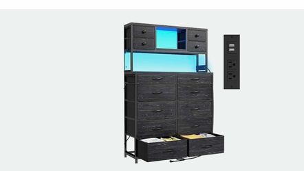 EnHomee Cómoda de 159.5 cm de alto para dormitorio con 14 cajones, cómoda de tela con estación de carga y luces LED, cómodas y baúles de cajones para