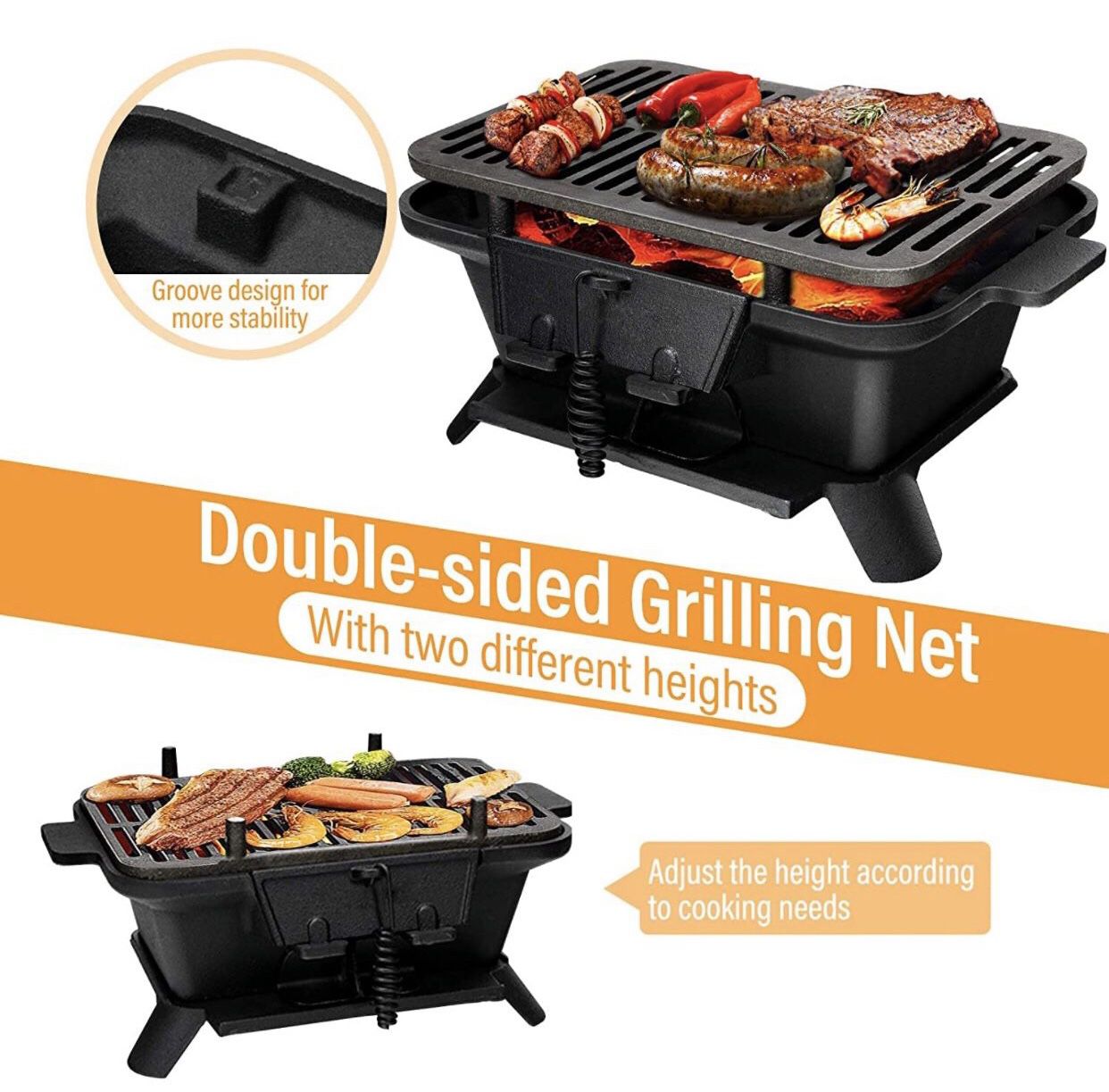 Giantex Charcoal Grill Hibachi Grill, Portable Cast Iron Grill with Double-sided Grilling Net, Air Regulating Door, Fire Gate, BBQ Grill