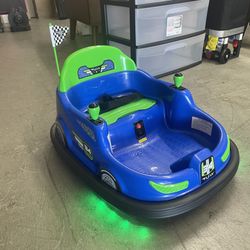 Flybar Kid Trax 6V Bumper Car Ride-On Toy, Blue, 360° Spin w/ LED Lights, Soft Bumpers, Safety Belt