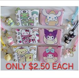 Sanrio Theme (12 PCS) ONLY $2.50 Ea Coin Purse W/Keyring Keychain Charms w/Mini Lanyard Party Favors Lot