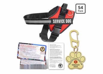 Service Dog Vest, ID Tag 50 ADA Information Cards, Service Dog Harness w Patch in Sizes X Small, to xl Metal Dog Tag has Ruggedized Clip, Service Anim