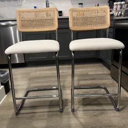 Pair Of Stylish White Upholstered, Chrome Framed , Wicker Backed Height Stools (2pcs)