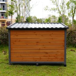 45"large solid wood dog house, waterproof PVC plastic roof, breathable wooden doors