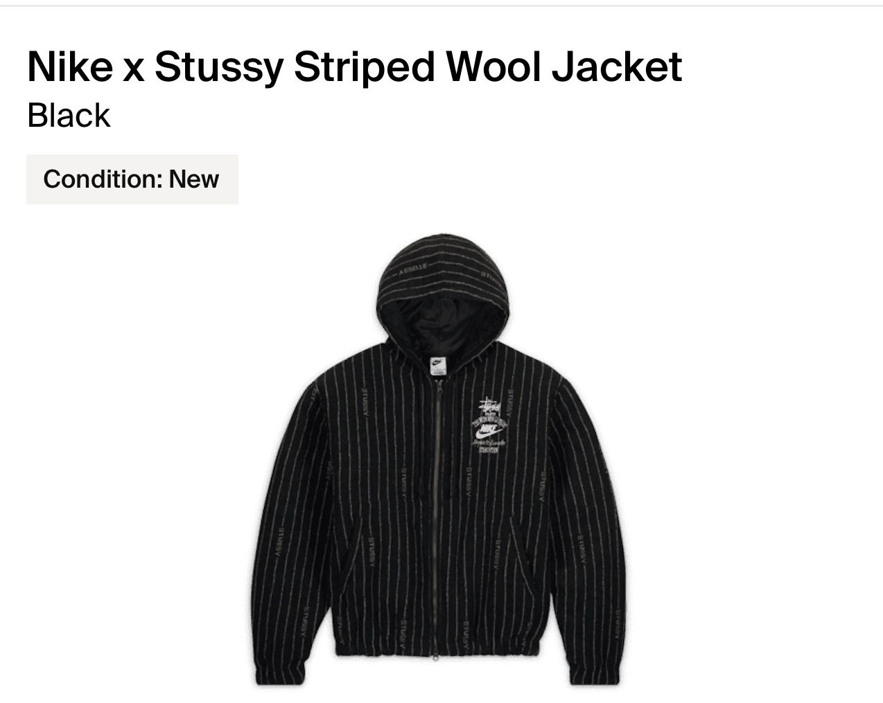 Nike X Stussy Striped Wool Jacket Black Size XL Brand New