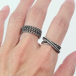Set 2 925 Sterling Silver Unisex  Cuff Ring Band Adjustable Size Gift Rings 