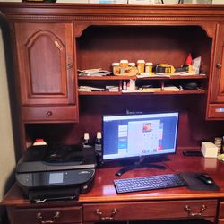 Cherry wood computer desk with hutch and file  cabinet
