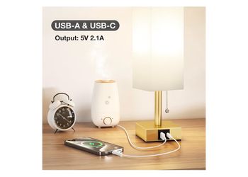 White Small Table Lamp for Bedroom - 3 Color Temperature 3000K 5000K 4000K Bedside Lamp, Pull Chain Control, USB A and C Ports, Pure Gold Color Base, 