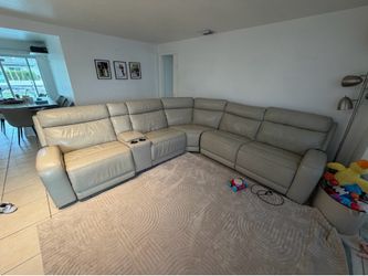 6-Seat Beige Leather Corner Sectional Sofa with 2 Power Recliners