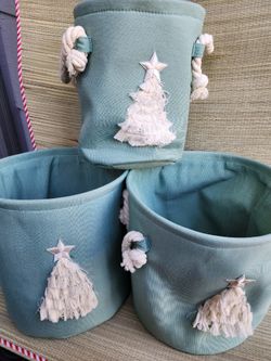 Christmas Tree Embroidered 3-Piece Storage Bins Bundle - Light Blue & White