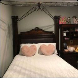 Beautiful Vintage Dark Wood Bed Frame with Ornate Metal Canopy