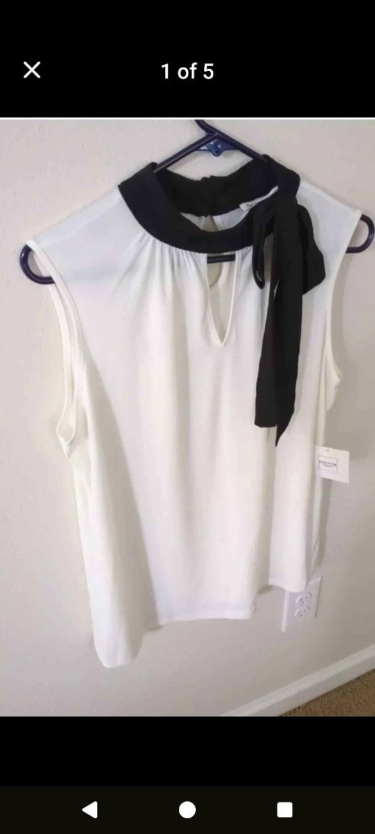 🖤 Perception Concept Womens Top XL Sleeveless White with black Tie Neckline 🖤 NEW