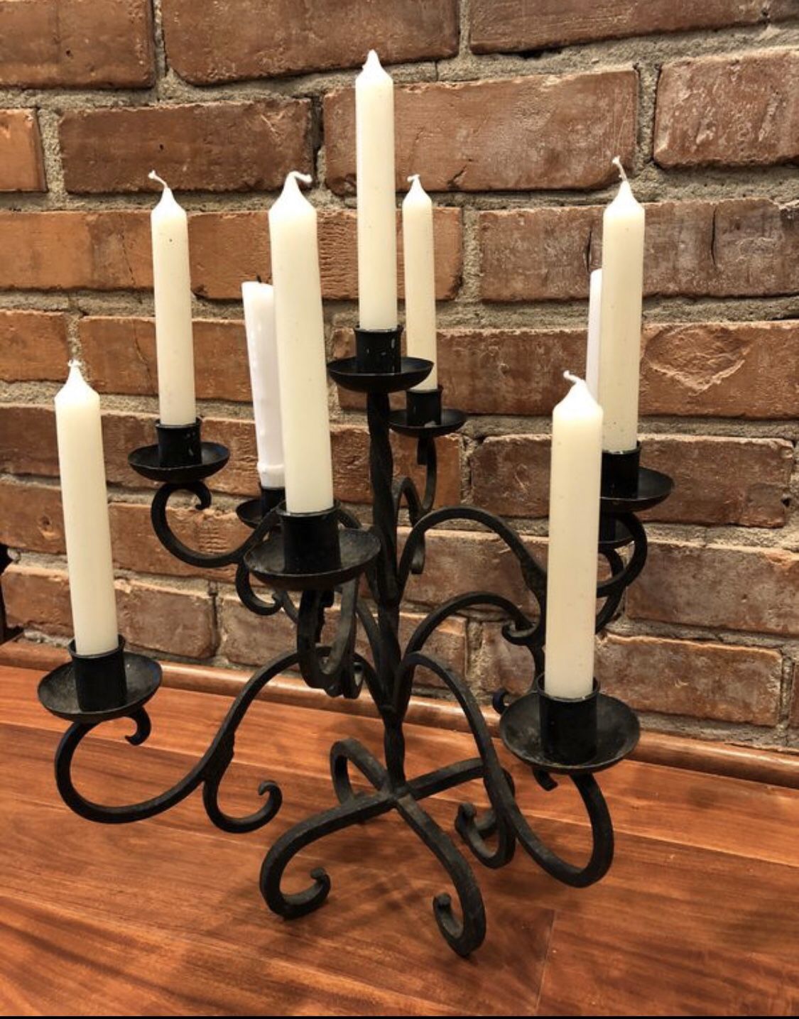 Black 9-candle, vintage, wrought iron, candelabra.