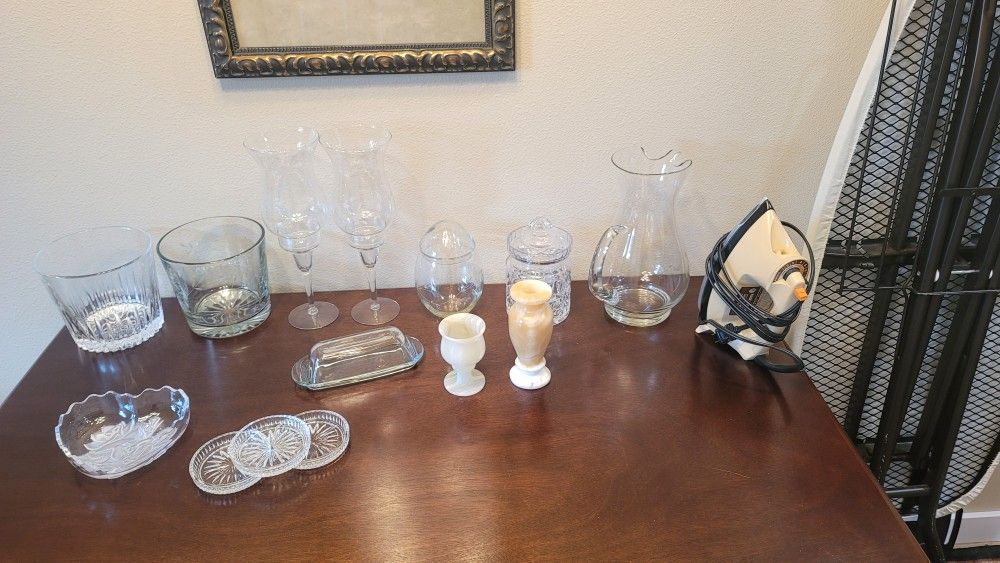 Glassware, vases, butter dish, iron, ironing board, candle holders, candy dishes, coasters, ice buckets, pitcher
