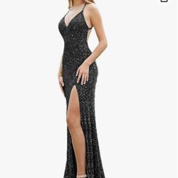 RYANTH Women's Spaghetti Straps Sequin Prom Dress Mermaid V Neck Formal Evening Dresses with Slit