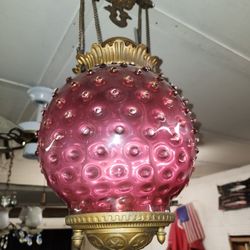 1880s Victorian Hand Blown Cranberry Hobnail Light Fixture