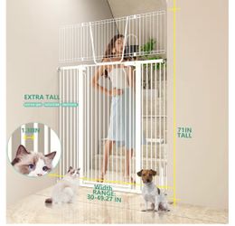 71" Extra Tall Cat Gate for Doorway – 30"-49.27" Extra Wide Pet Gate with Adjustable Cat Door Wide,Auto Close, Pressure Mounted, Pet Gate for Cats & S