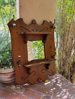 Vintage Wood Wall Coat Rack with Mirror and Shelves