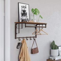 Wall-Mounted Coat Rack, Wall Hook Rack with Hanging Rail, 5 Removable Hooks, Storage Shelf, for Entryway, Bathroom, Living Room, Rustic Brown and Bron