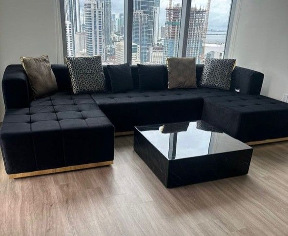 Brand New Black Velvet Double Chaise Sectional Sofa