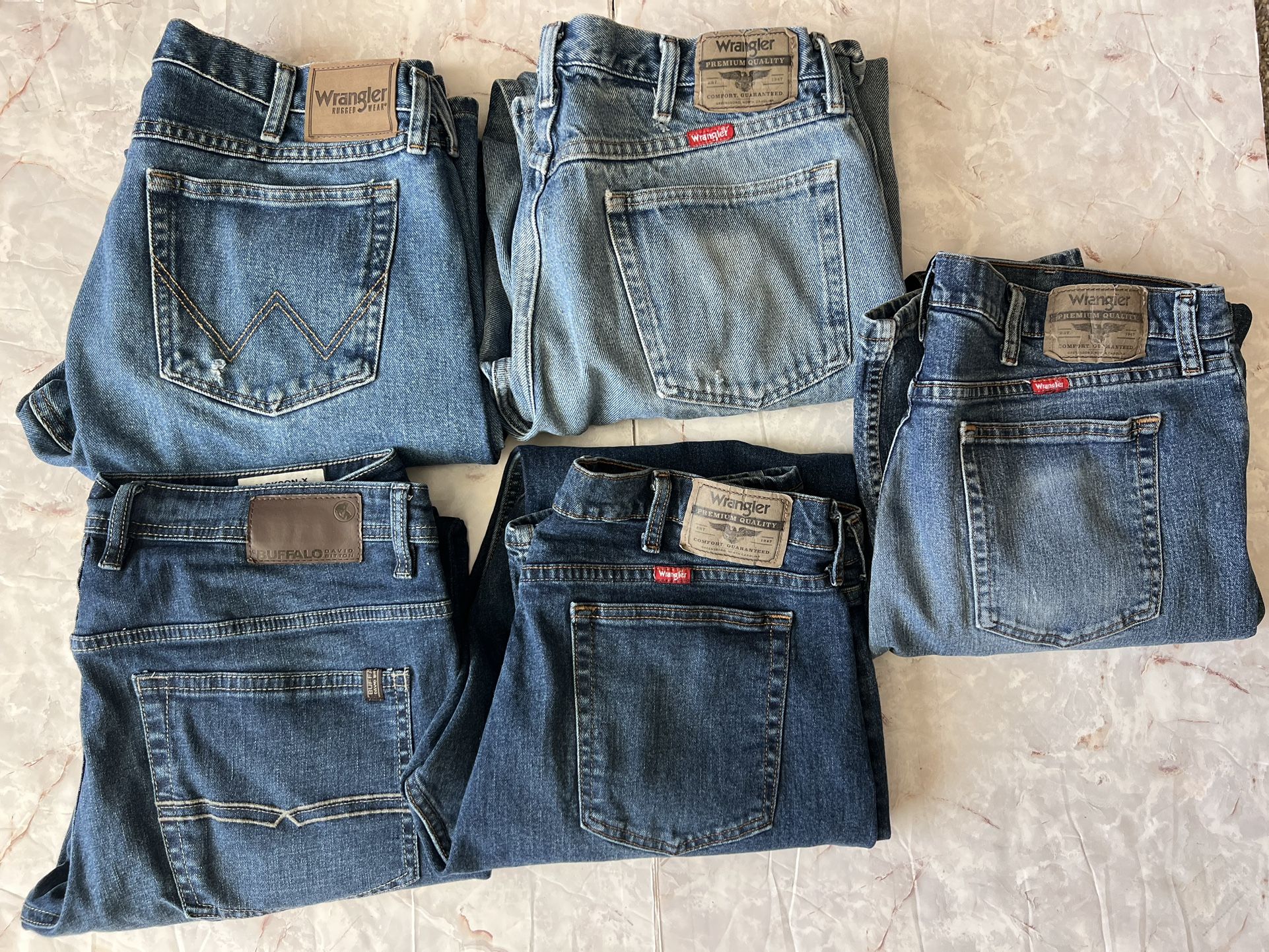 Five Pairs Of Blue Jean Denim Work Construction Casual Pants 36x32 Wrangler , Buffalo David Bitton Bundle