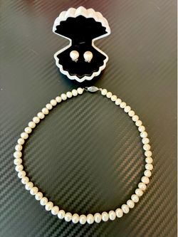 Genuine White Pearl Necklace and Earrings Set