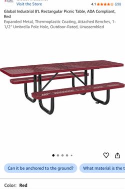 8'L Rectangular Picnic Table, ADA Compliant, Red Expanded Metal, Thermoplastic Coating, Attached Benches, 1-1/2” Umbrella Pole Hole, Outdoor-Rated, Un