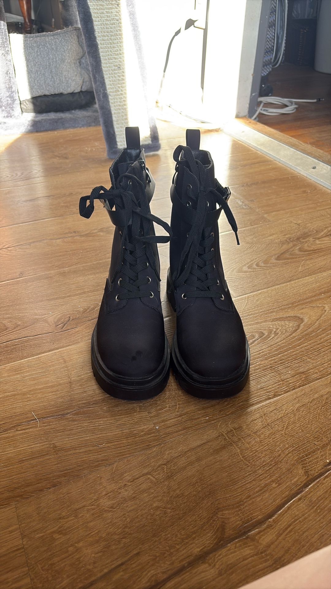 Women’s Black Buckle Combat Boots - Size 7.5