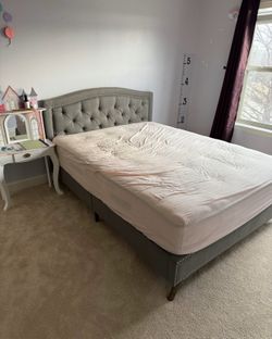 Queen Gray Tufted Upholstered Bed Frame – Nailhead Trim