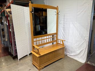 Blonde Solid Oak Hall Tree with Mirror and Storage Trunk