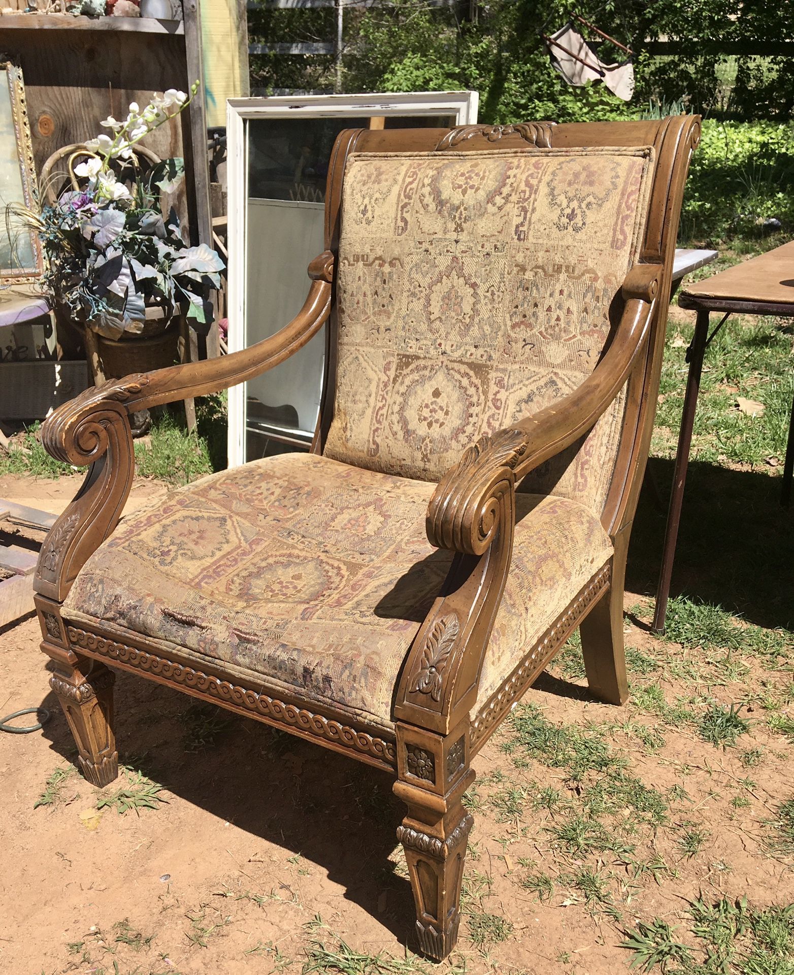 Furniture SALE! Stunning Antique Walnut Upholstered Accent Arm Chair! 