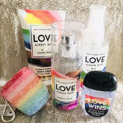 New! BATH & BODY WORKS❤️🧡LOVE WINS💛💚Mini 4 piece Set + Rainbow Gems🌈Pocketbac Holder   