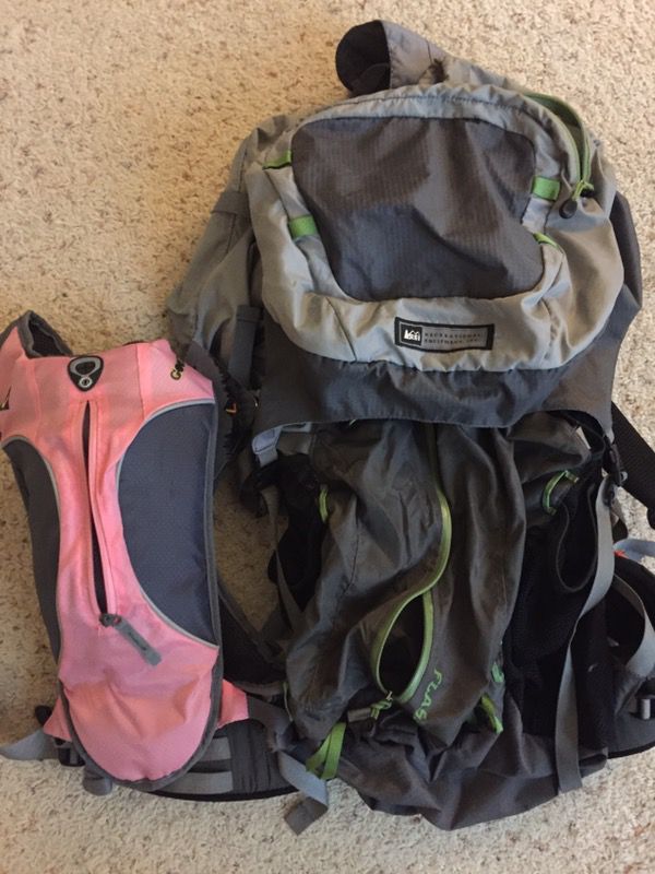 REI backpacking back pack and camelback