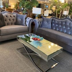 Brand New Gray/Blue/Black Velvet Modern Sofa + Loveseat 2PCs Set