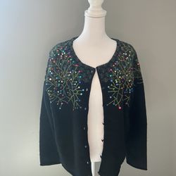 Susan Bristol 100% Wool Black With Colorful Sequins Cardigan 
