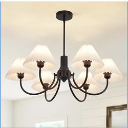 New Modern Black Chandelier,6-Ligh Farmhouse Chandelier for Dining Room,Mid Century Hanging Lighting Fixture with White Pleated Fabric Shades for Livi