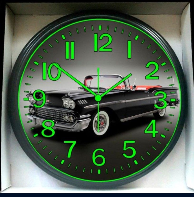 1958 Chevy Chevrolet Convertible Impala Glow In The Dark Wall Clock New!