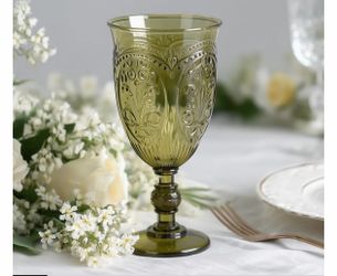 24-Pack Plastic Vintage Goblets – 10oz Transparent Dusty Sage Green Retro Embossed Wine Glasses - 7" Tall