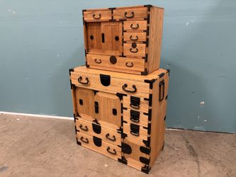 Antique Natural Finish Wooden Japanese Choba Tansu Set with Black Iron Pulls (Set of 2)