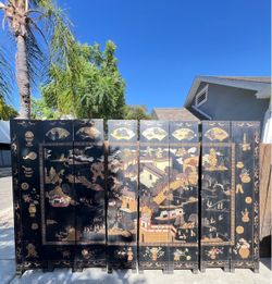 Antique Asian Black Lacquer Hand Painted Wall Divider (8 Panels) BIG SIZE TALL & WIDE Vintage China Japan Chinese Japanese
