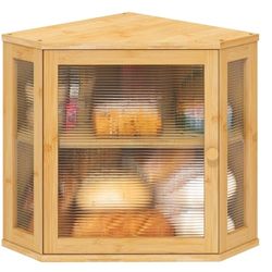 Corner Bread Box for Kitchen Counter, Bamboo Wood Large Capacity Bread Storage Bin with Acrylic Wavy Door Panel (Natural, Meduim)