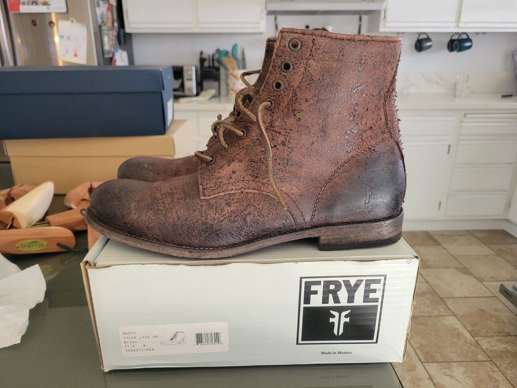 Frye Tyler Lace Up Brown Distressed Leather Suede Mens Size 11.5

