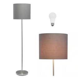 Simple Designs 57 in. Brushed Nickel Traditional Standard Stick Floor Lamp with Gray Drum Shade, with LED Bulb @R5