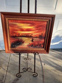 Vintage Framed Wildlife Sunset Ducks Flying Signed Oil On Panel Board