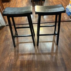 Pair Wood Saddle Back Bar Height Stools:30”black Good Condition 