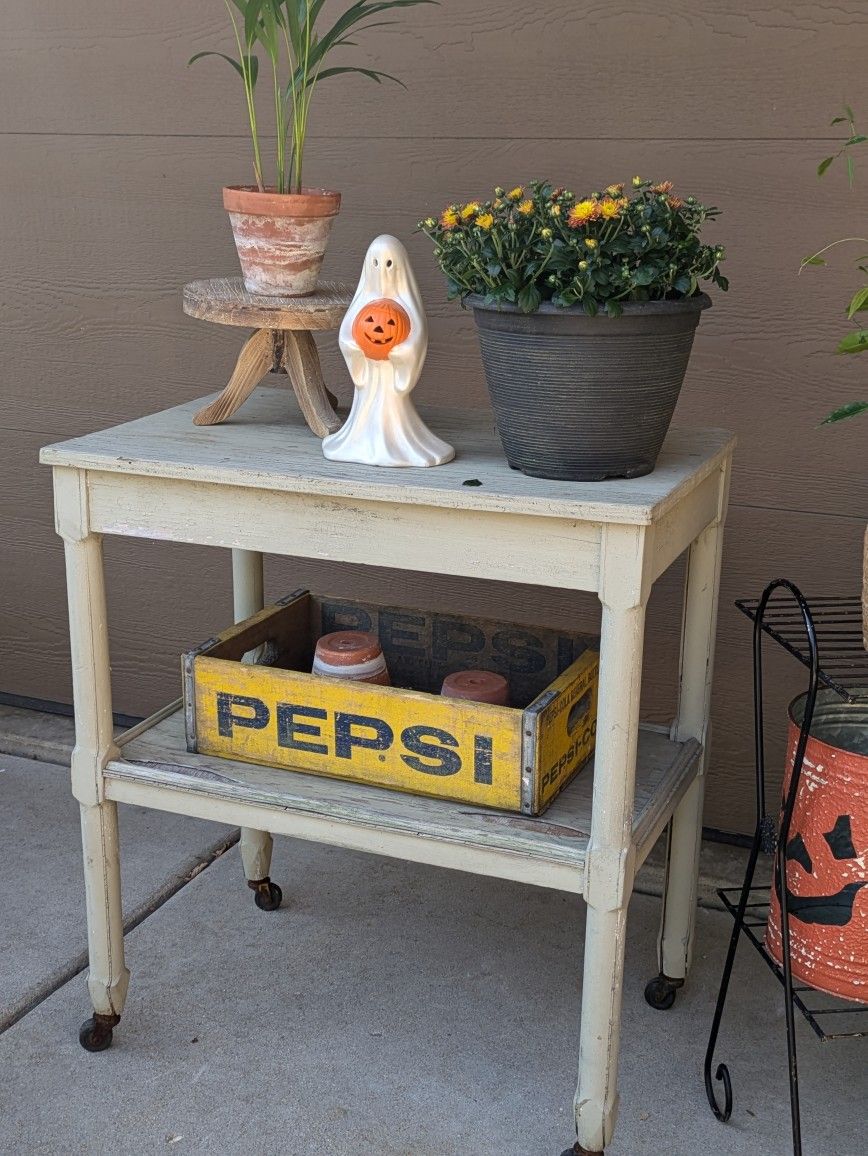 Antique Distressed Rolling Serving Bar Cart Or Potting Shed