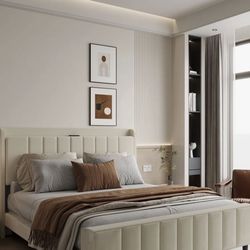 Full Boucle Upholstered Bed Frame with Wingback Headboard, No Box Spring Needed, Easy Assembly, Platform Bed with Wooden Slats, Beige (King (U.S. Stan